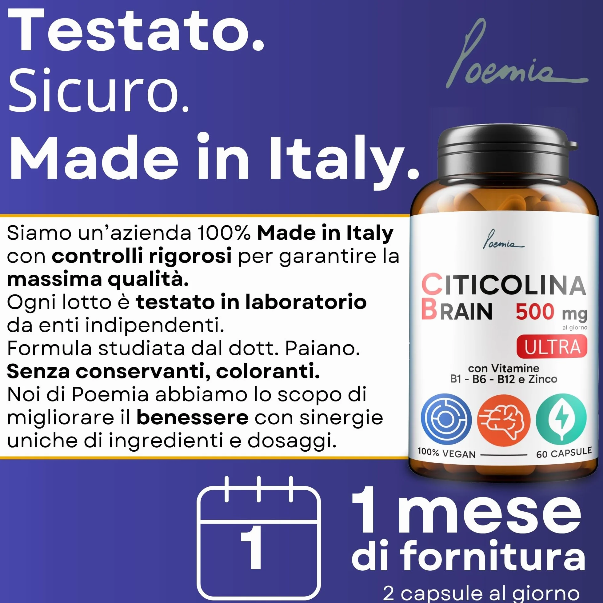 Citicolina 500mg Integratore Memoria Concentrazione Zinco Vitamine B6 B1 B12 60 Capsule