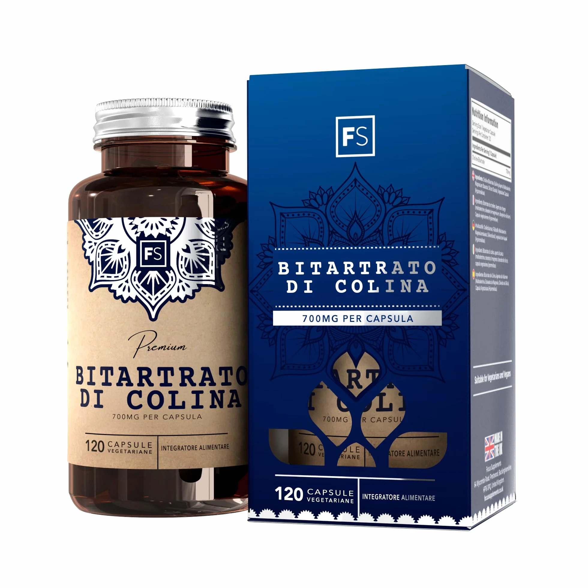 FS Colina 120 Choline Capsule 700mg Colina Bitartrato Integratore Non-OGM Senza Glutine