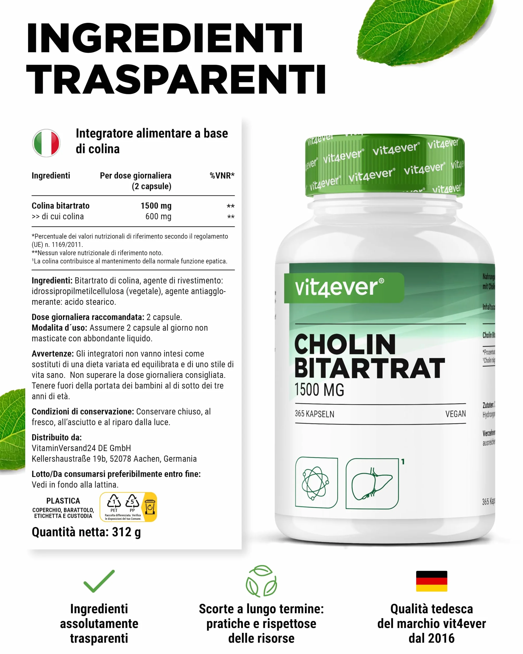 Capsule di colina 1500 mg bitartrato per dose giornaliera – 365 capsule vegane per fegato, omocisteina e metabolismo dei grassi