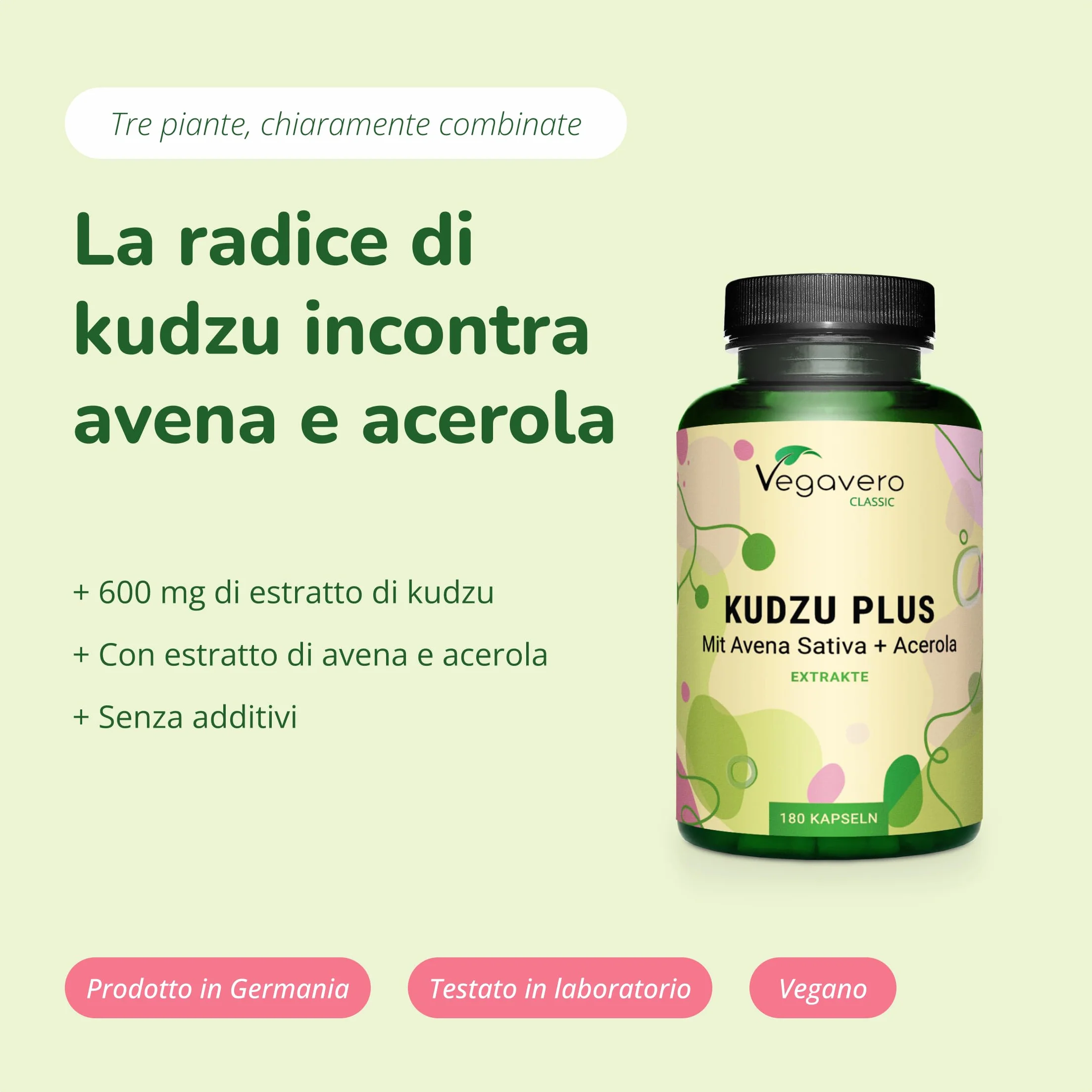 KUDZU Vegavero 6000 mg 10:1 180 capsule 8% Isoflavoni con Vitamina C da Acerola Alto Dosaggio Integratore per Menopausa Vegan