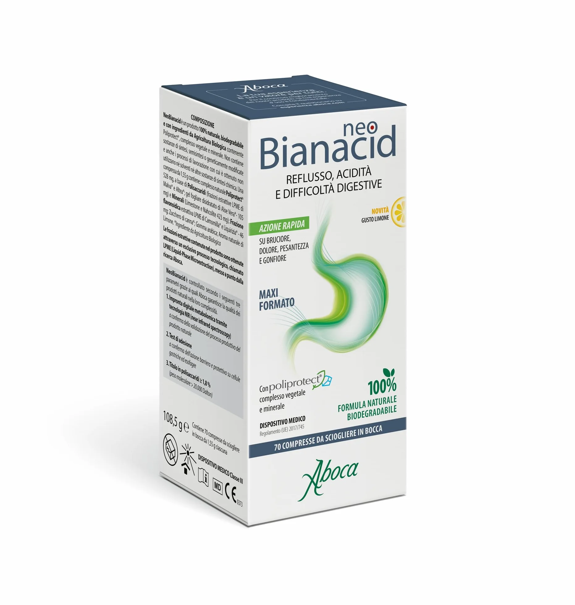 Aboca NeoBianacid 70 Compresse al Limone - Dispositivo Medico Naturale per Acidità e Reflusso Gastroesofageo