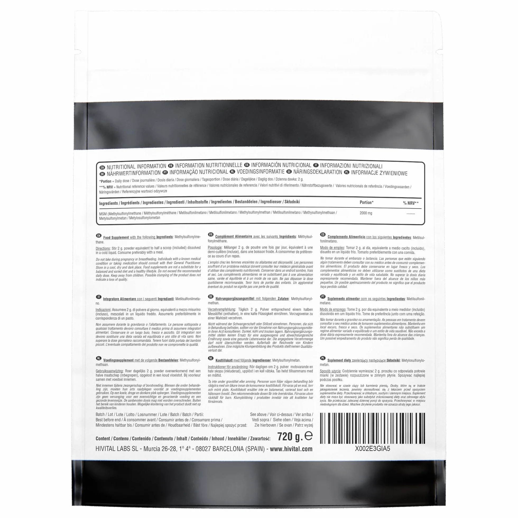 MSM 2000 mg Metilsulfonilmetano 720 g Integratore Articolazioni Ossa Capelli Unghie HIVITAL