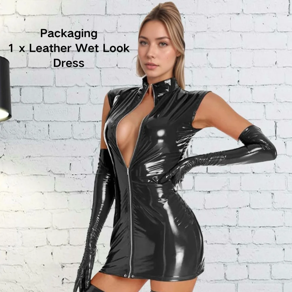Donna Sexy Pelle Mini Vestito Cerniera Frontale Babydoll Latex Wetlook Camicia Notte Clubwear Elasticità Senza Maniche Miniabito Metallizzato Aderente Catsuit Cocktail Discoteca Costume