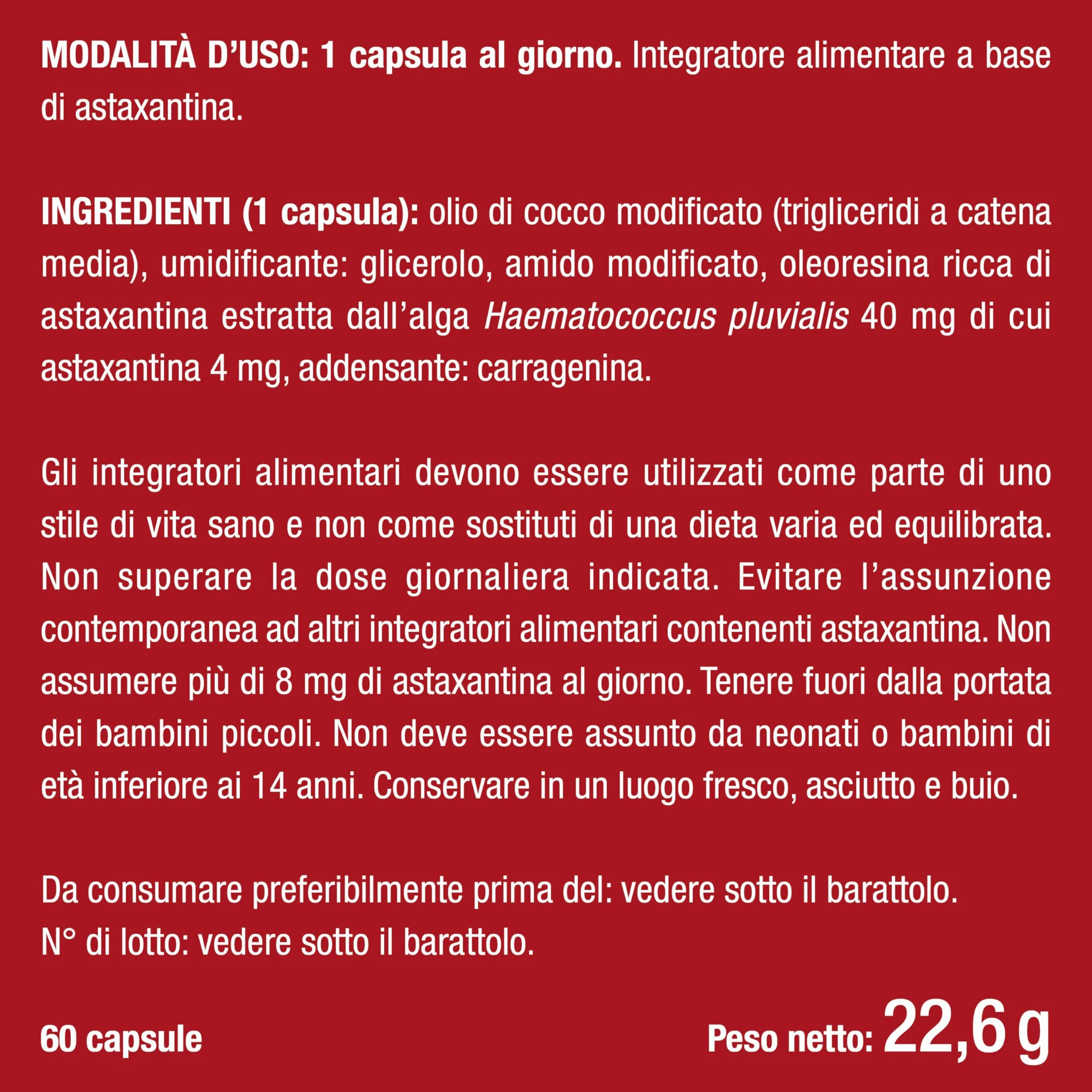 Astaxantina Pura 40 mg Haematococcus Pluvialis Antiossidante 60 Capsule Softgel