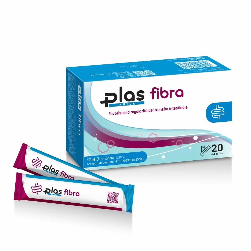 Plas Pharma Fibra Integratore Stitichezza Gonfiore Addominale Transito Intestinale Flora Batterica Fibre Naturali Prebiotiche 20 Stick Gel 15 ml Made in Italy