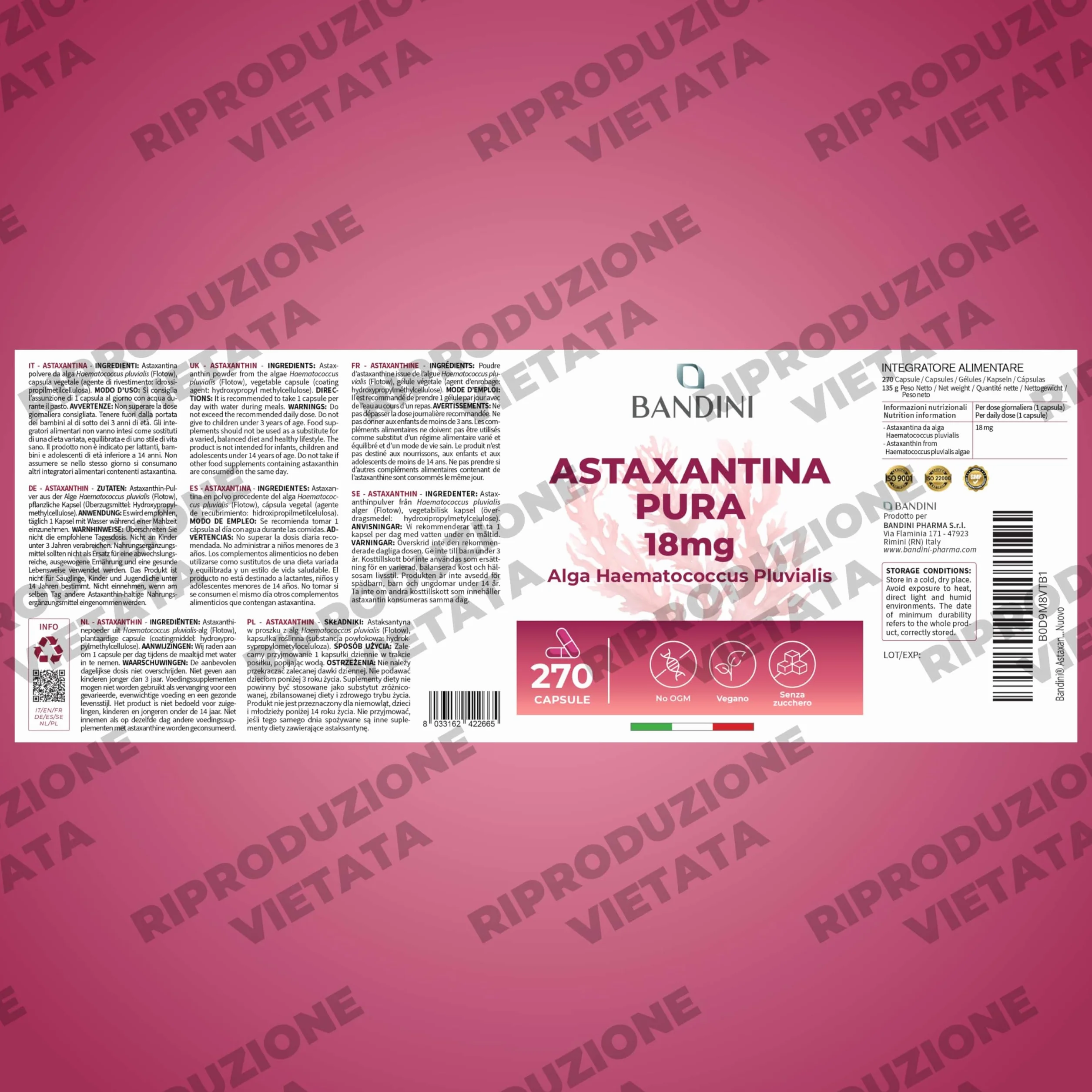 Bandini Astaxantina pura 18 mg 270 capsule antiossidante naturale alga Haematococcus Pluvialis
