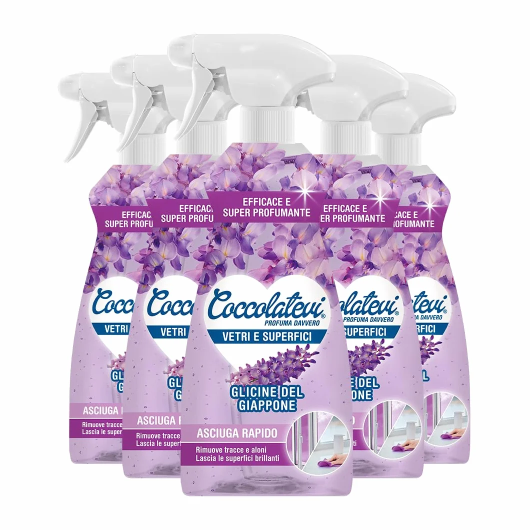 Detergente Vetri 625 ml, Pulizia Senza Aloni, Asciugatura Rapida, Spray Superfici, Glicine del Giappone, Confezione da 5