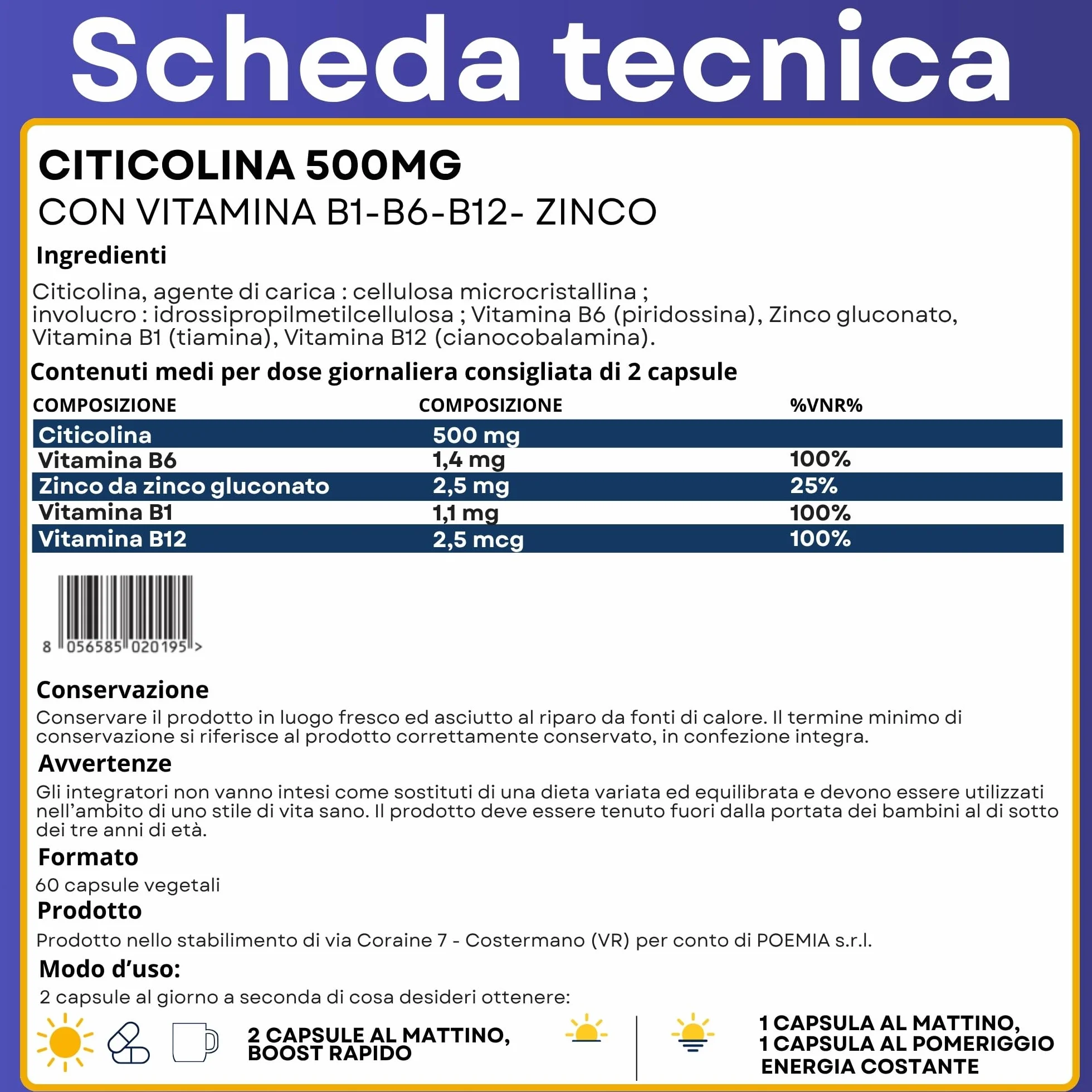 Citicolina 500mg Integratore Memoria Concentrazione Zinco Vitamine B6 B1 B12 60 Capsule