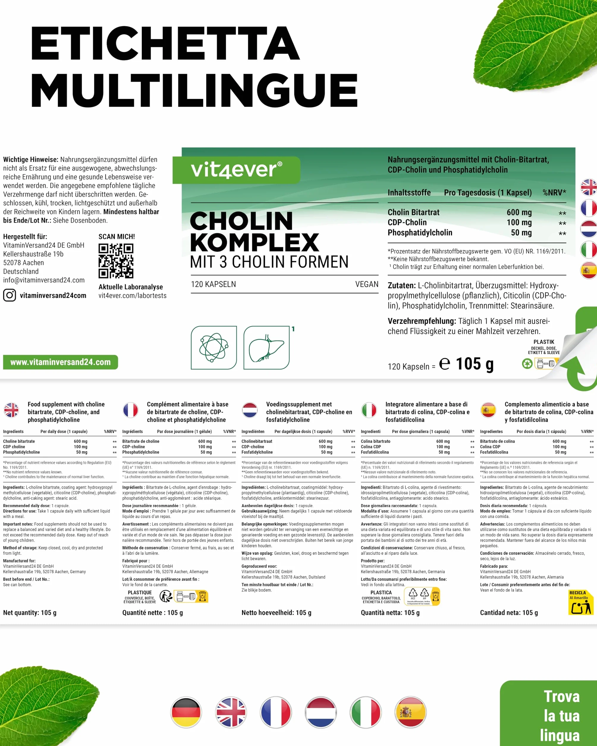 Complesso di colina 3 forme 120 capsule Bitartrato citicolina fosfatidilcolina Vegan