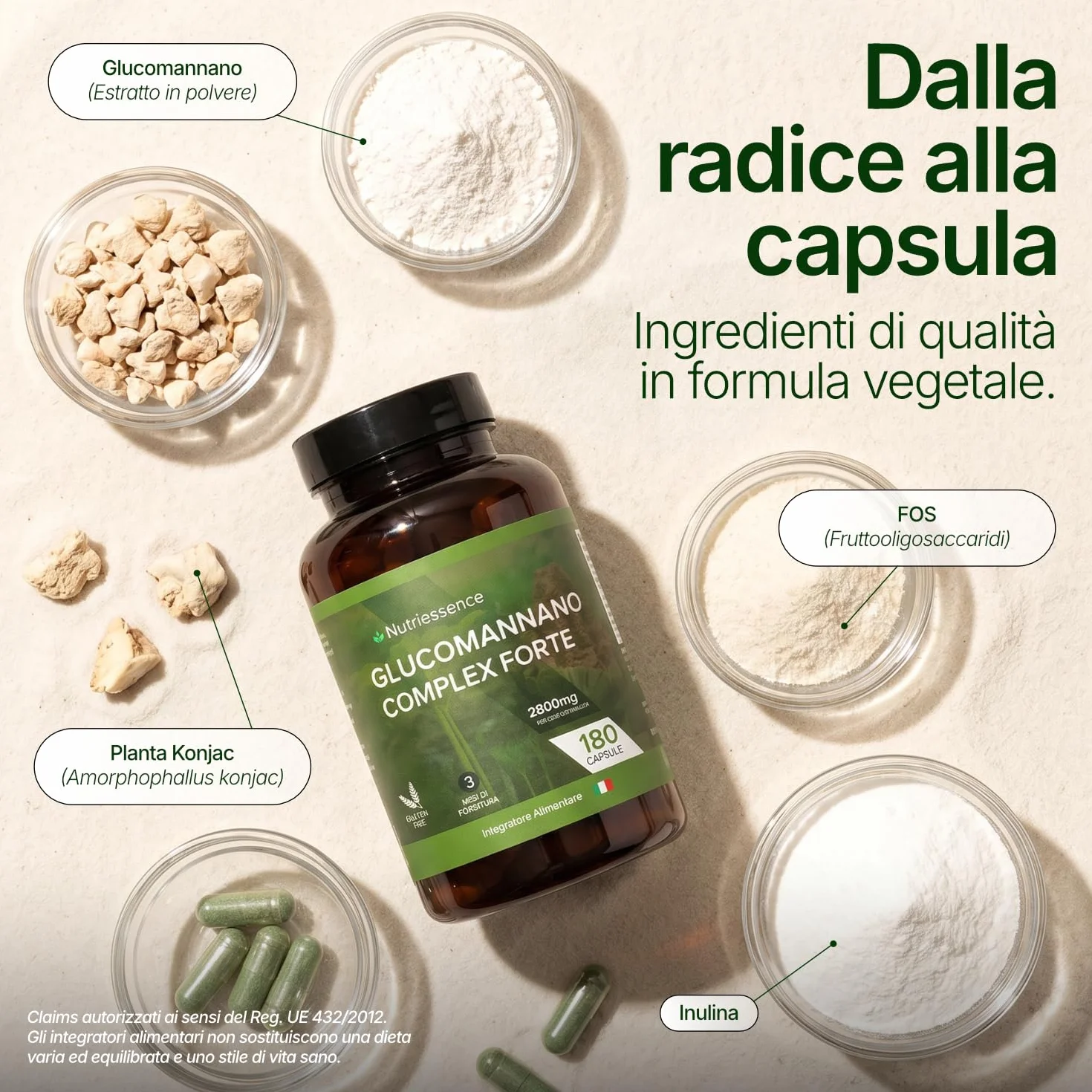 Nutriessence Glucomannano Complex 2800 mg 180 Capsule Vegetali Alto Contenuto di Cromo Niacina Inulina FOS Senza Glutine Senza Lattosio Made in Italy