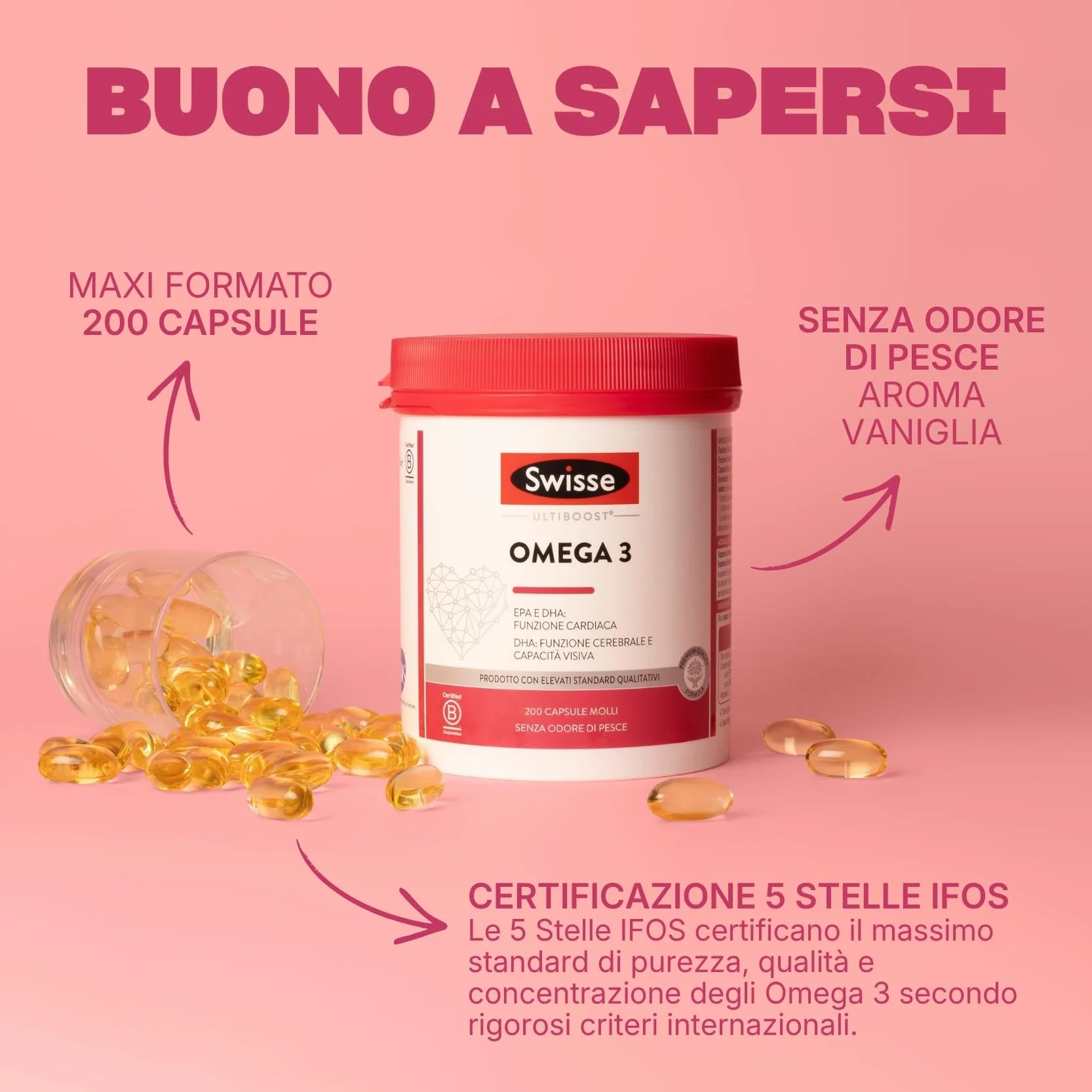 Swisse Omega 3 IFOS 5 Stelle 200 Capsule Molli 1500mg Olio di Pesce Vitamina E 233mg EPA 135mg DHA Supporto Funzione Cerebrale e Cardiaca