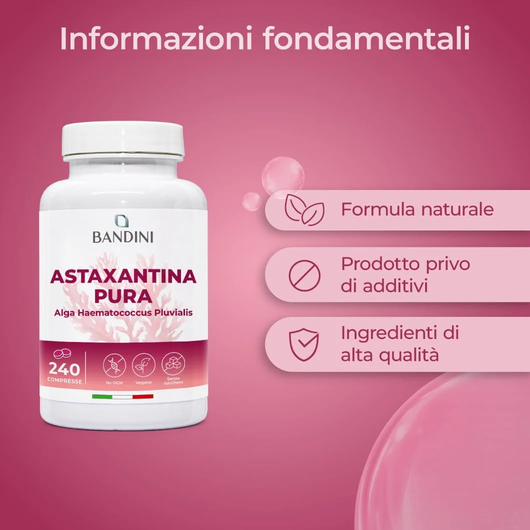 Bandini Astaxantina 240 compresse 8 mg Pura Antiossidante Naturale Alga Haematococcus Pluvialis Senza Magnesio Stearato