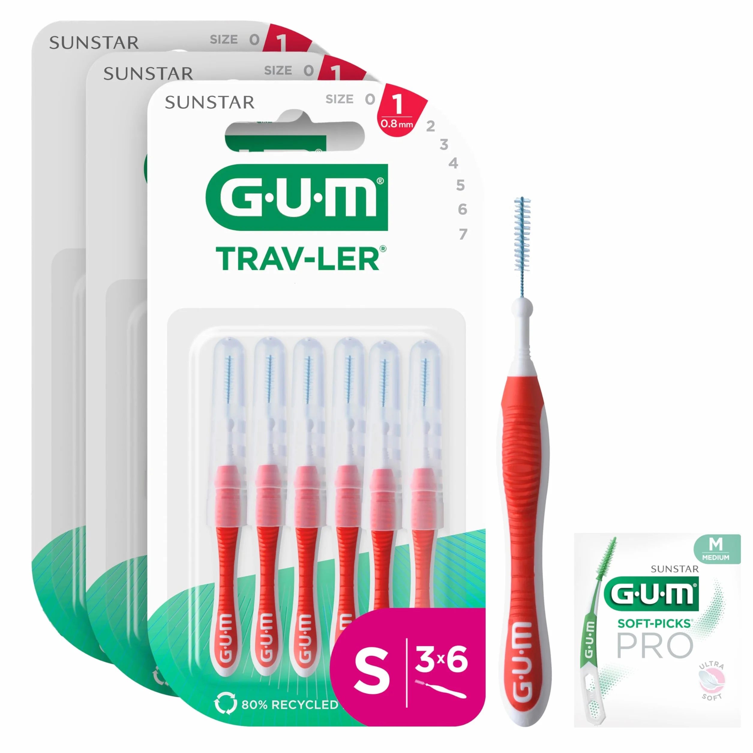 GUM TRAV-LER Scovolini interdentali 0.8 mm ISO 1 Taglia S Confezione 3x6