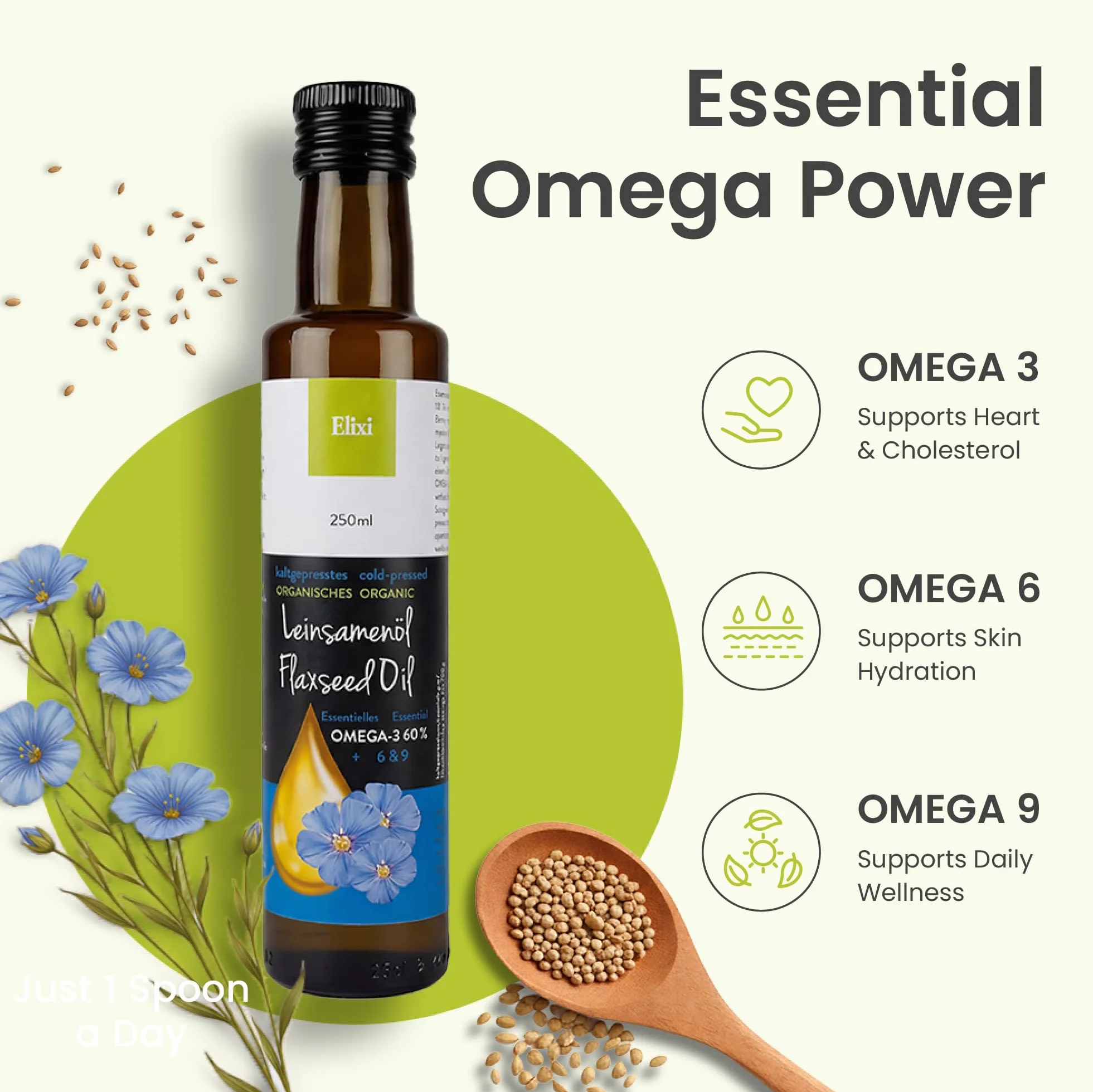 Elixi Olej lniany bio tłoczony na zimno 2x250 ml 500 ml Omega 3 ALA 59% Vegano Finlandia