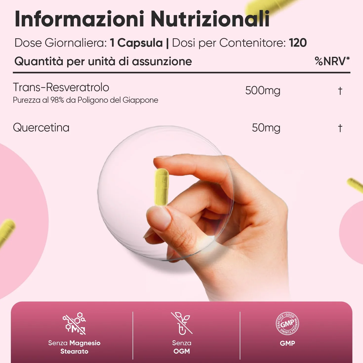 Resveratrolo con Quercetina, 120 Capsule Vegane, 550mg Trans Resveratrolo 98%