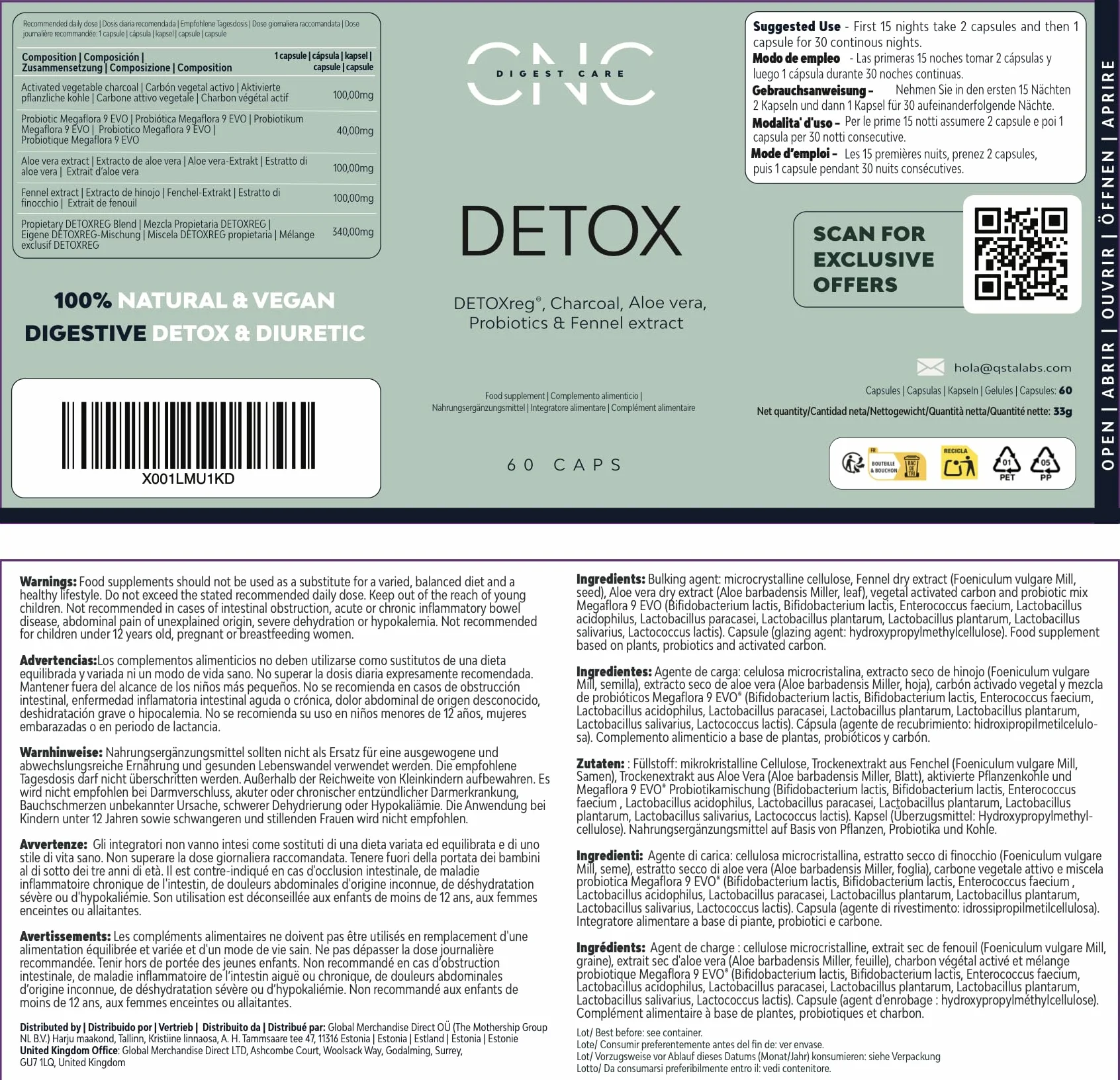 DETOX Drenante Forte Dimagrante e Diuretico con Aloe Vera, Carbone Attivo, Finocchio ed Enzimi Probiotici 100B