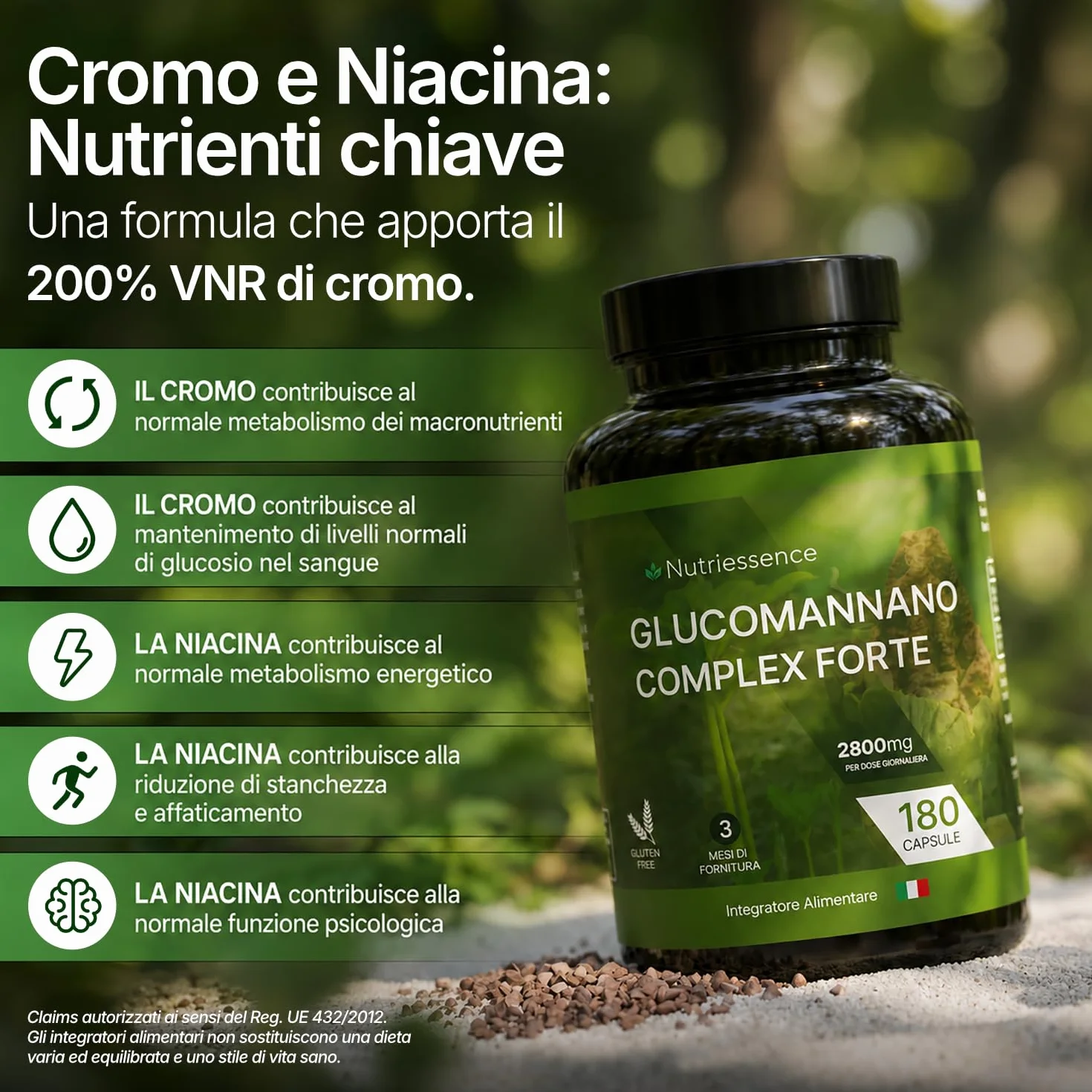 Nutriessence Glucomannano Complex 2800 mg 180 Capsule Vegetali Alto Contenuto di Cromo Niacina Inulina FOS Senza Glutine Senza Lattosio Made in Italy
