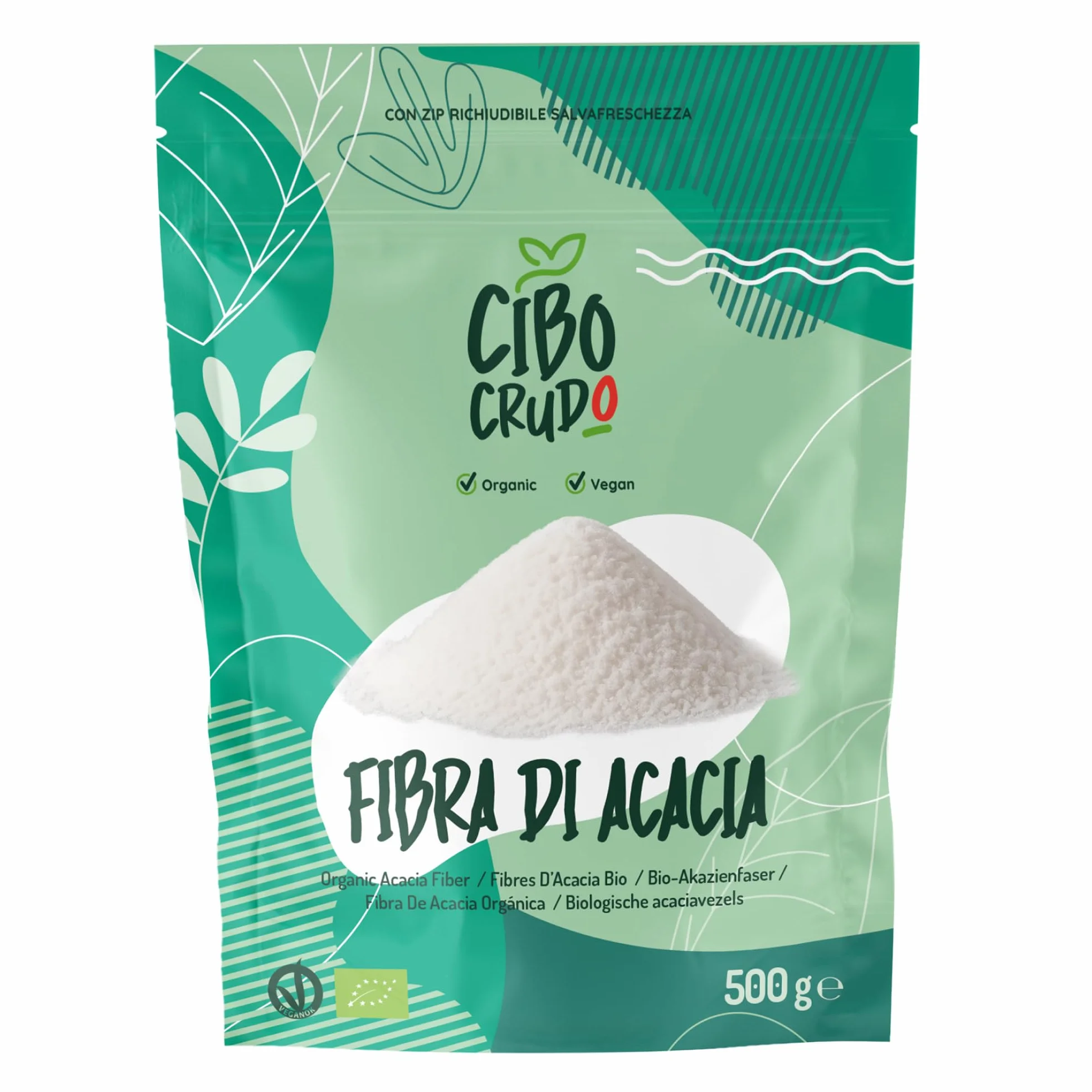 CiboCrudo Fibra di Acacia Bio in Polvere - 500g. Polvere di Acacia o Gomma Arabica con Alto Contenuto di Fibre (85%) Senza Zuccheri. Fibra Alimentare Vegana Ottima per Dieta Chetogenica e Digestione.