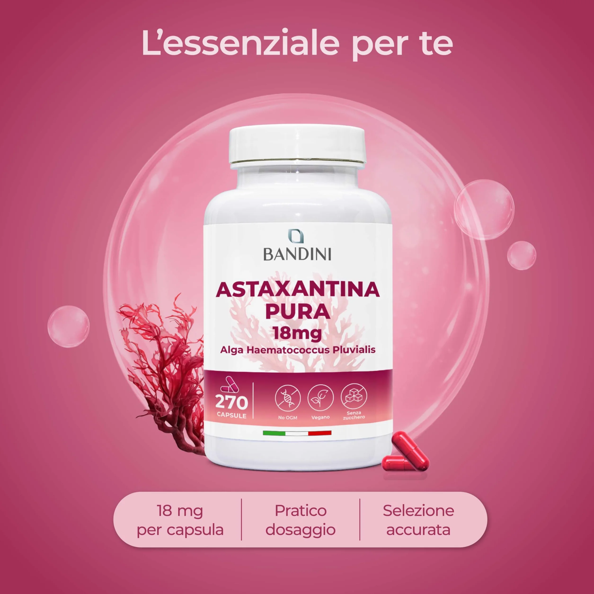 Bandini Astaxantina pura 18 mg 270 capsule antiossidante naturale alga Haematococcus Pluvialis