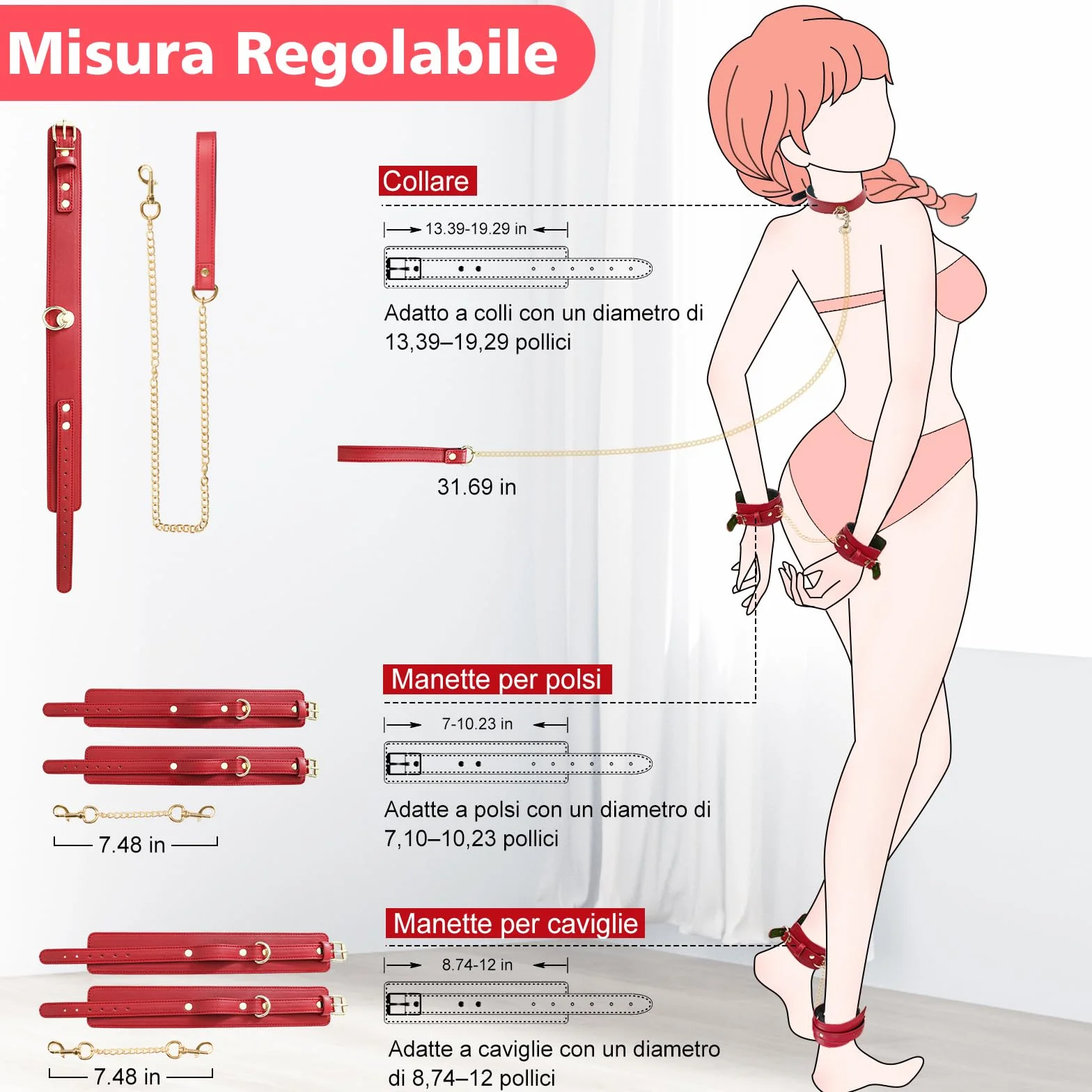 BDSM Bondage Kit Manette in Pelle Regolabili per Mani e Caviglie con Collare e Guinzaglio per Donna