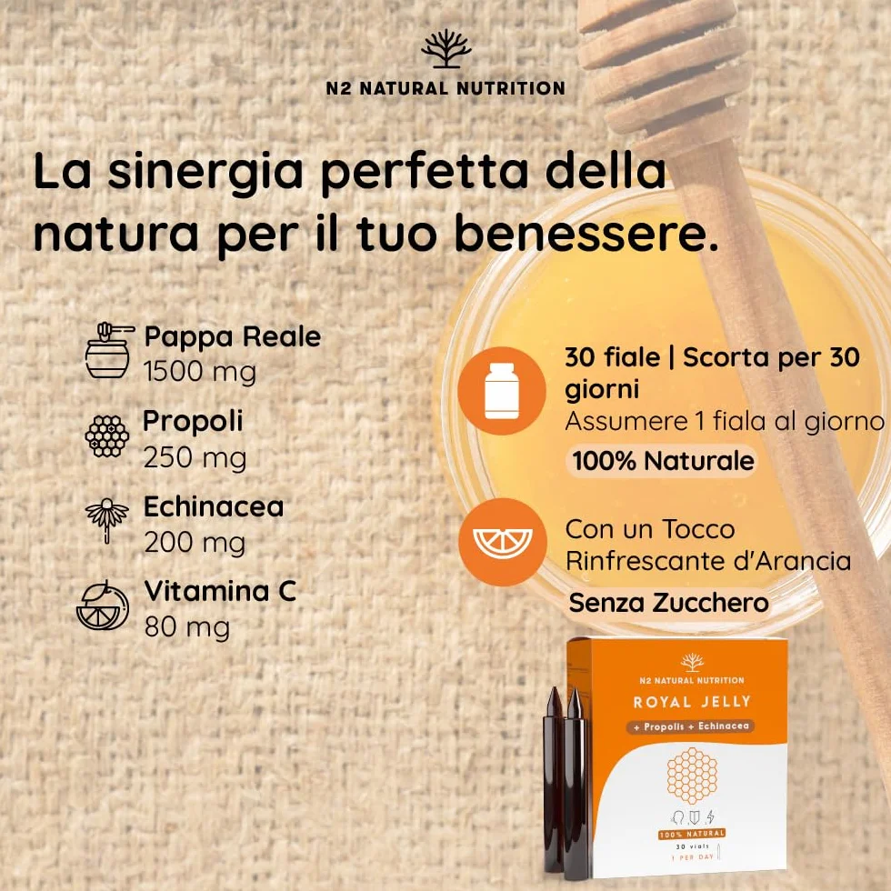 Pappa Reale Propoli Echinacea Vitamina C 80 mg 30 Flaconcini Sapore d'Arancia Natural Nutrition