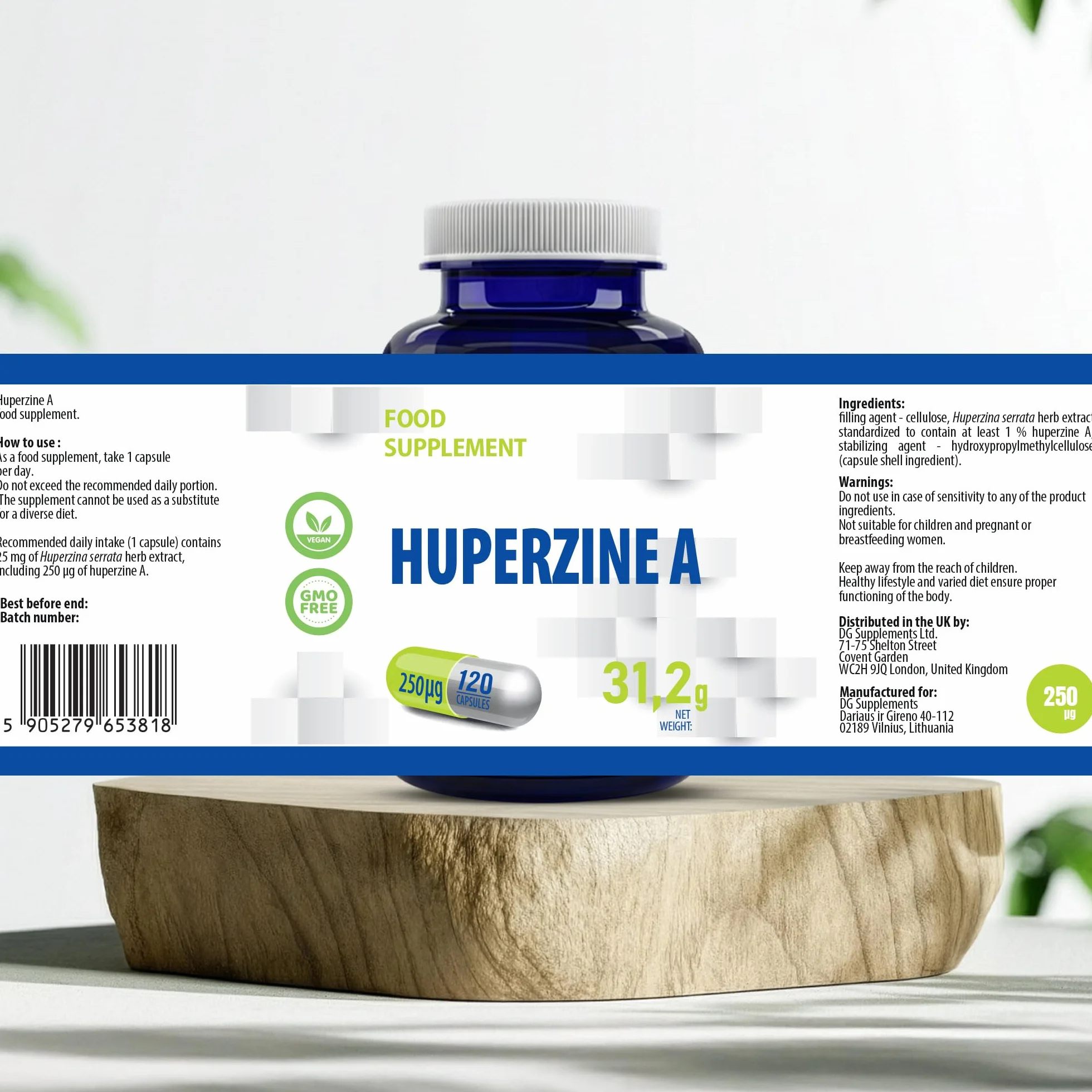Huperzine A 225mcg 120 Vegan Capsules, Certificato di analisi AGROLAB Germania, senza glutine, senza OGM