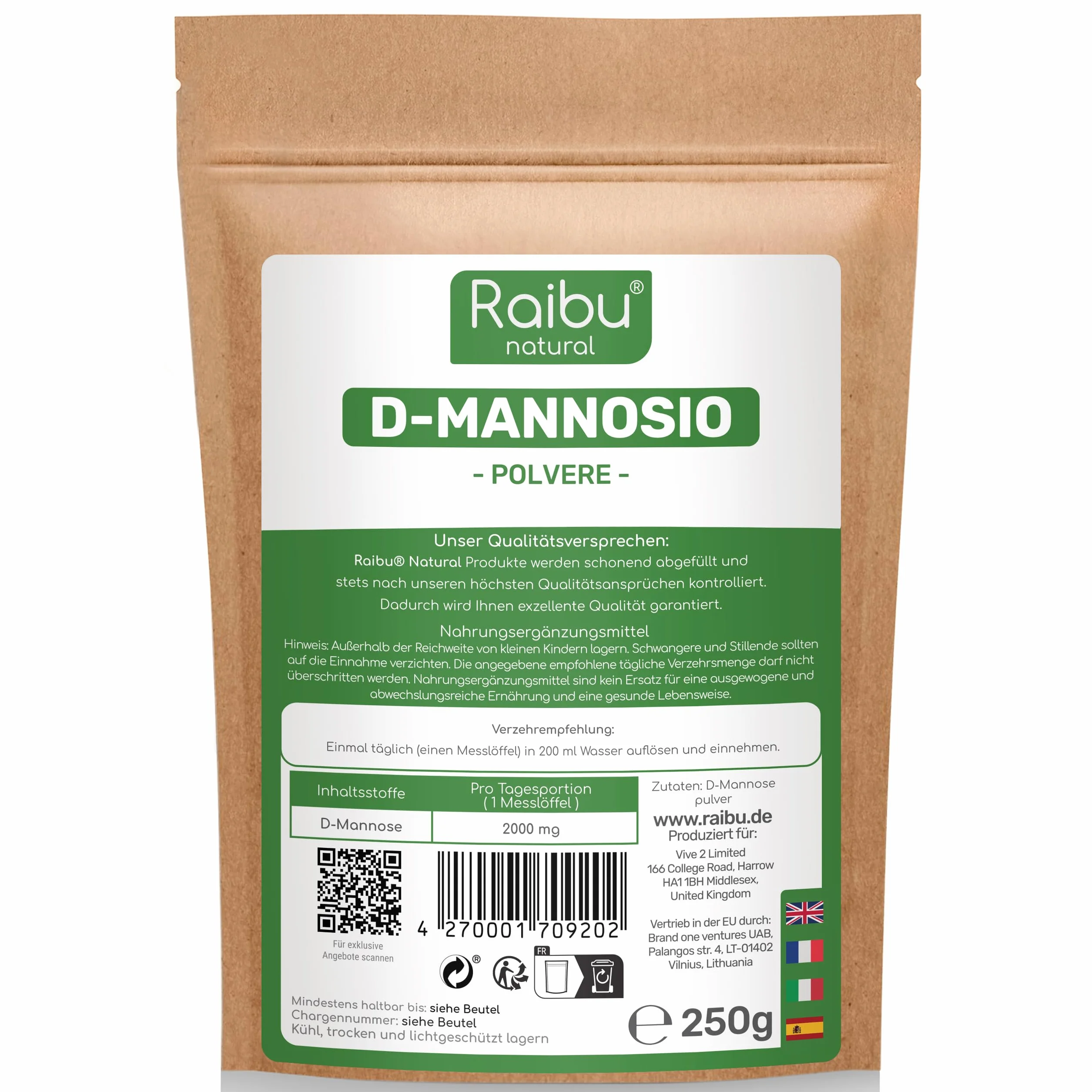 Raibu D-Mannosio Polvere 250g Naturale Vegan Cucchiaio Dosatore