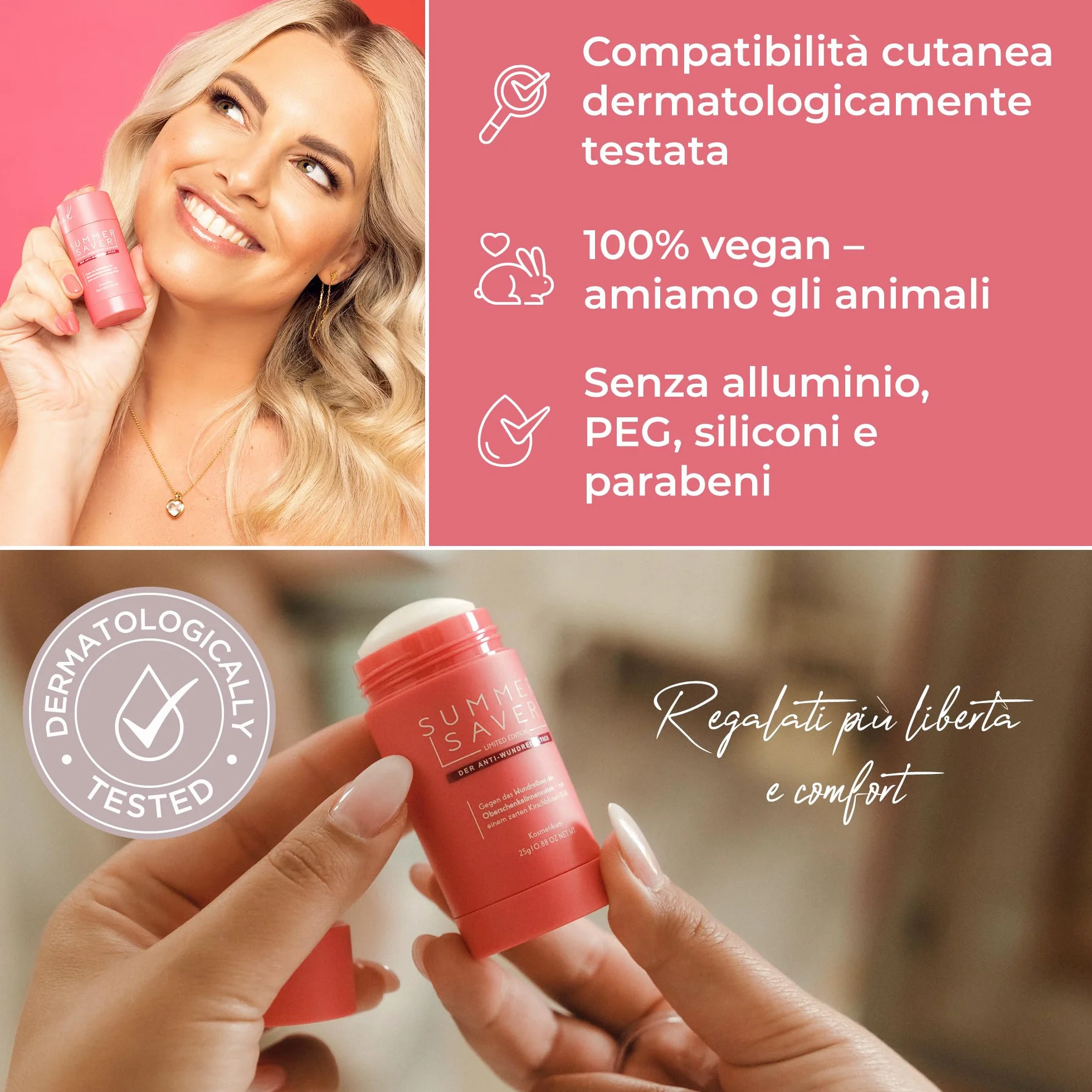 SUMMERSAVER Cherry Stick anti-sfregamento 25 g – Per cosce, piedi, reggiseno – Olio di cocco, mandorle, vitamina E, allantoina – Vegano, dermatologicamente testato