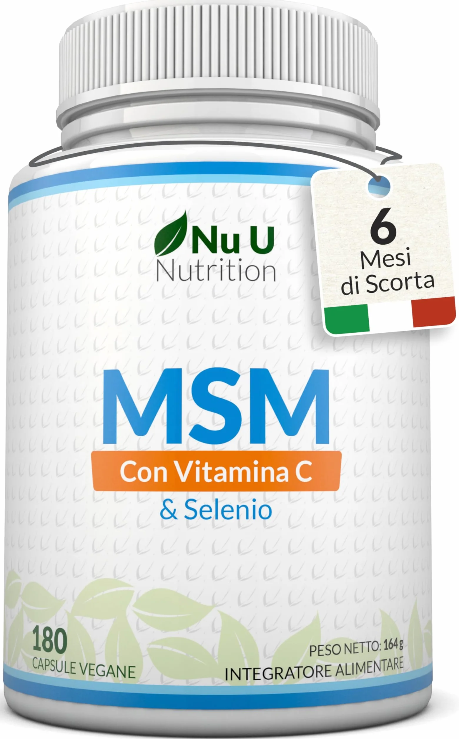 Nu U Nutrition MSM Puro Vitamina C & Selenio 180 Capsule Vegane 600mg Integratore Metilsulfonilmetano