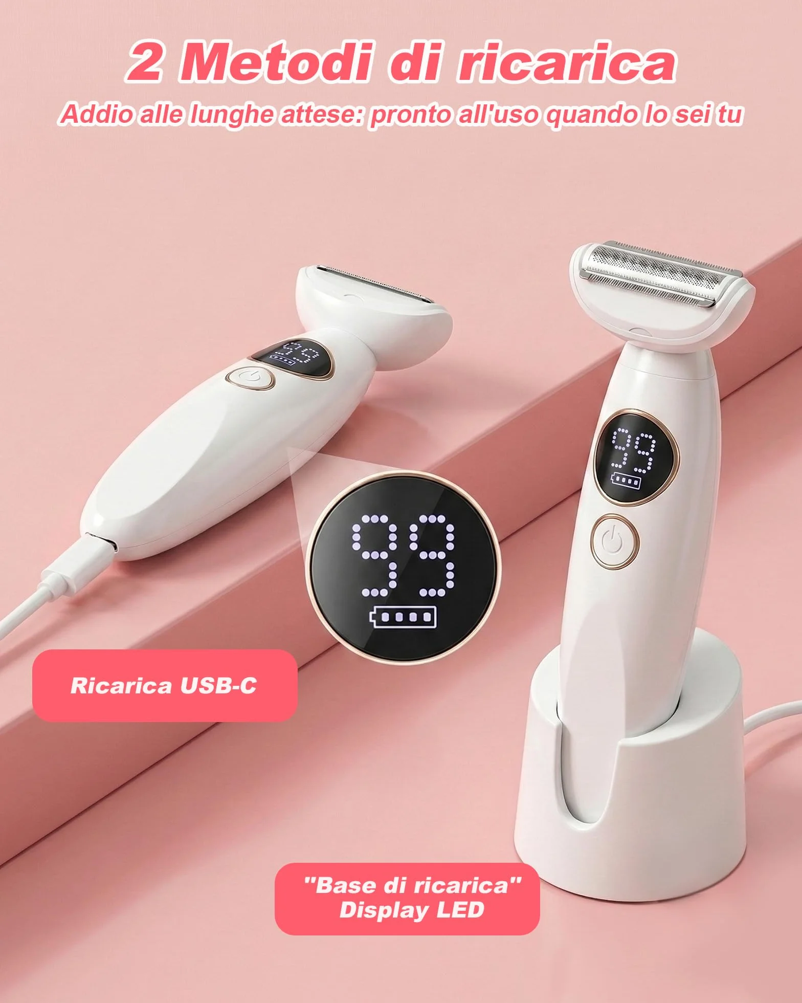 Carehabi Rasoio Elettrico Donna 5 in 1 IPX7 Impermeabile Depilatore Indolore Viso Corpo Bikini Sopracciglia Lady Shaver Base Ricarica USB