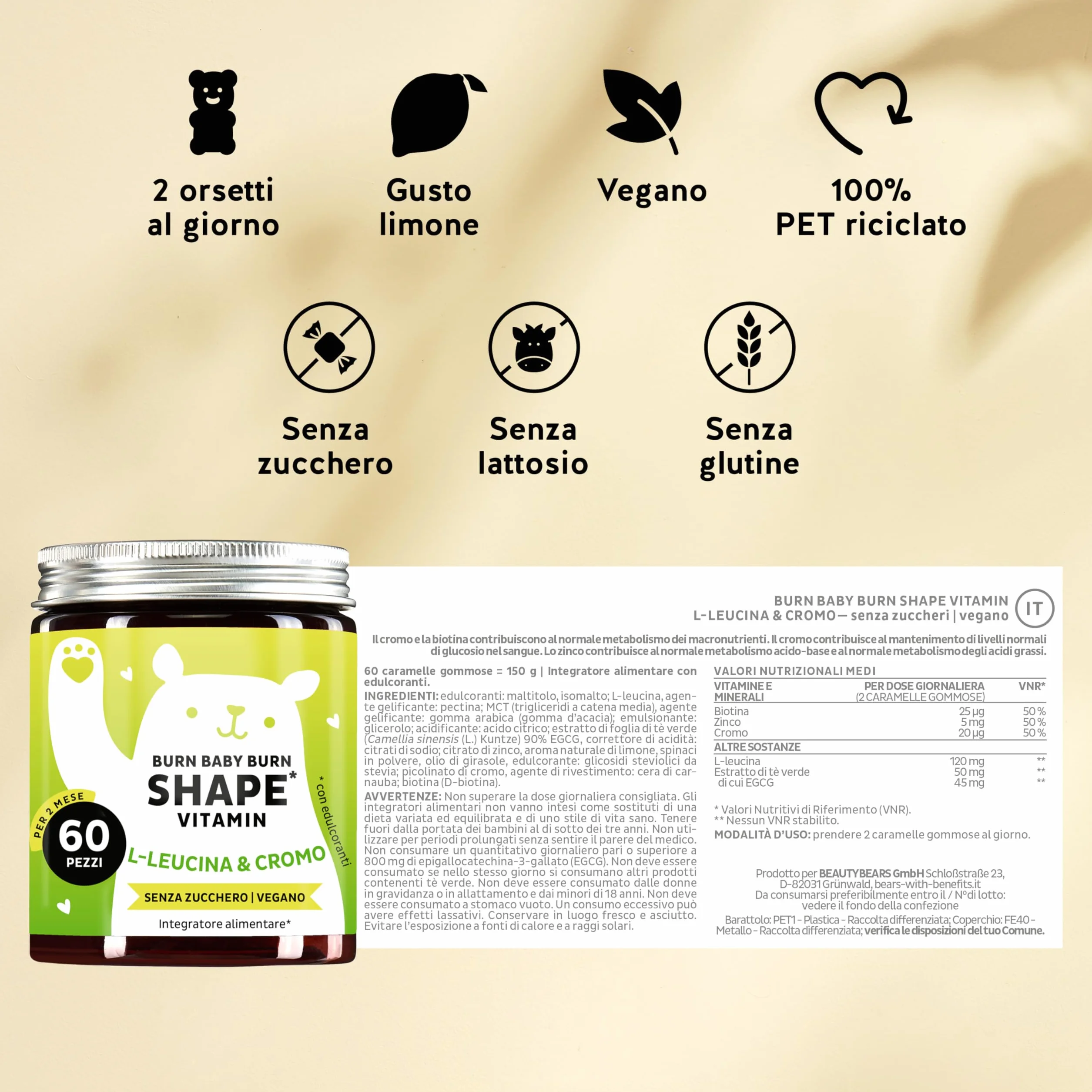 Bears With Benefits Burn Baby Burn Shape Gummies con Cromo, Biotina, Zinco, L-Leucina & Estratto Di Tè Verde – 60 pezzi, Vegano, Senza Zucchero