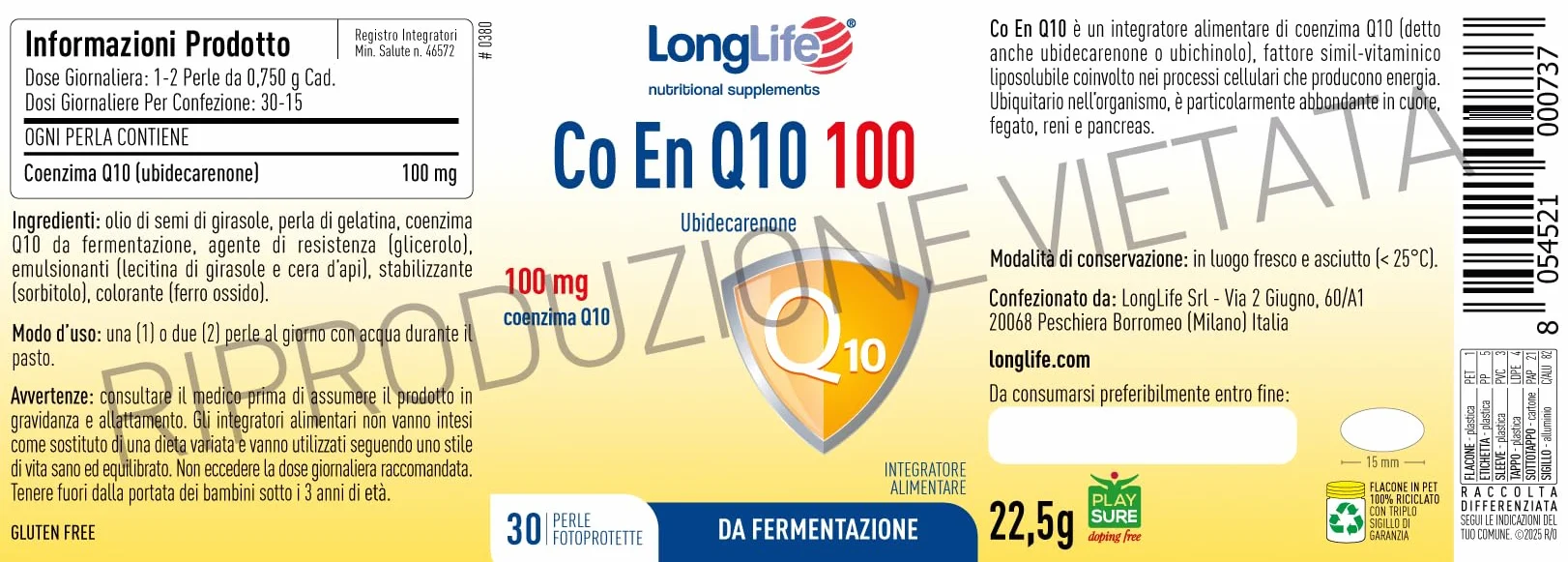 LongLife CO EN Q10 100 Coenzima Q10 Ubidecarenone Puro 30 Perle Fotoprotette